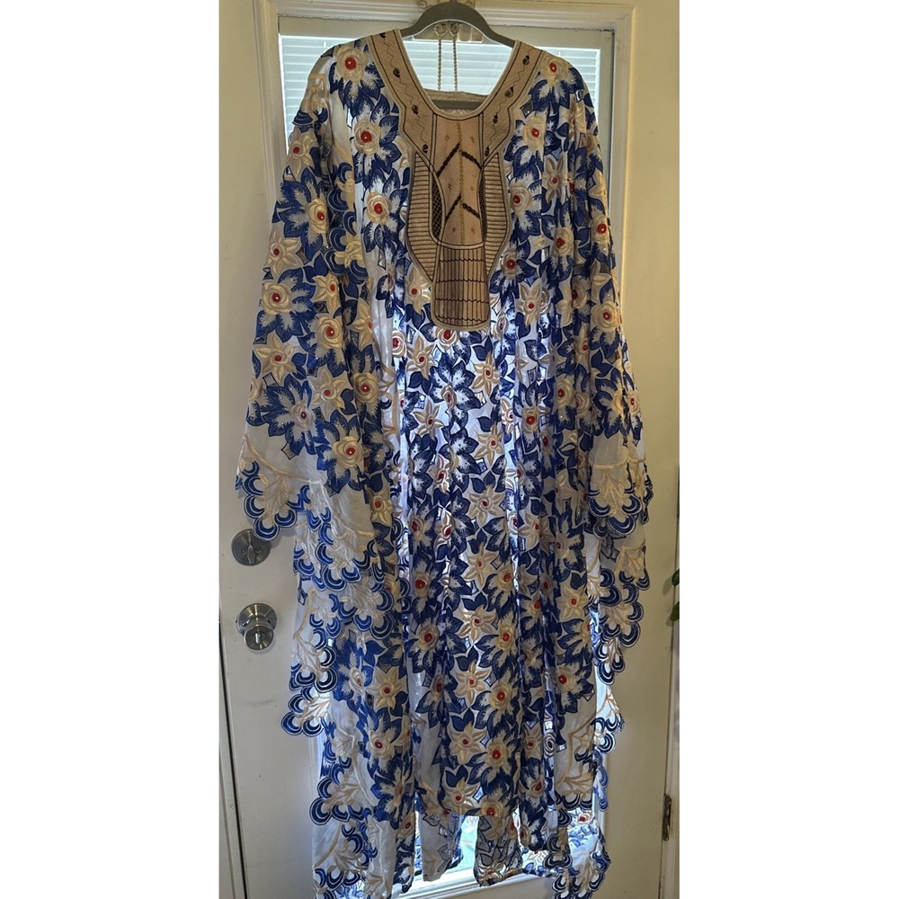 Afghan Dress Blue, Gold, White And Red, Beautiful Flowers That Look Like Lace
